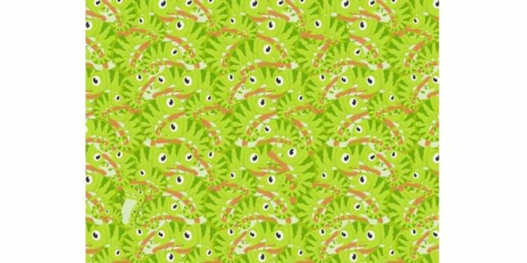 Desafio visual com camaleões verdes camuflados em folhas com um crocodilo escondido entre eles