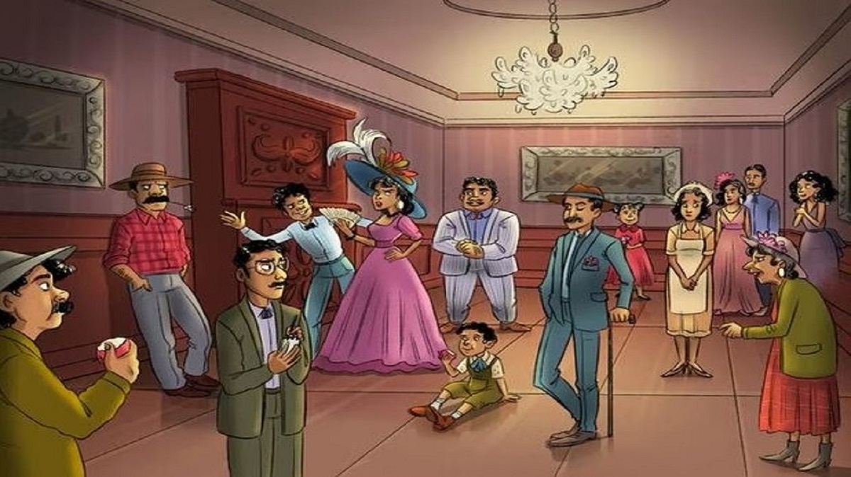 Imagem de um baile elegante, com vários convidados e um fantasma escondido, aguardando ser descoberto." Desafio visual de um baile antigo, onde se deve encontrar o fantasma oculto entre os convidados."