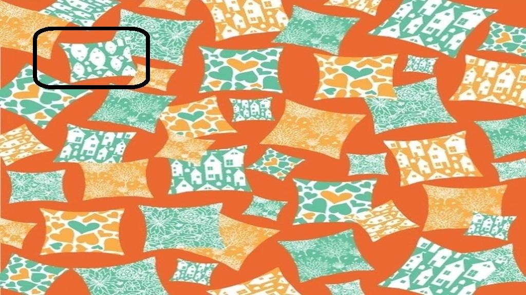 Desafio visual: encontre o travesseiro diferente na imagem colorida Imagem colorida com vários travesseiros estampados em tons de verde, amarelo e branco sobre fundo laranja, formando um desafio visual