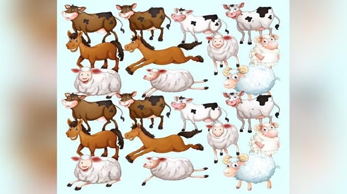 Em meio à diversidade de animais, alguns são idênticos entre si. Consegue descobrir quais são os pares perfeitos? Desenho colorido com vacas, cavalos e ovelhas em diferentes posições e expressões sobre fundo azul claro.