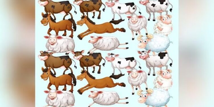 Desafio visual com desenho colorido com vacas, cavalos e ovelhas em diferentes posições e expressões sobre fundo azul claro.