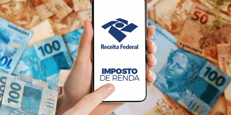 Imagem do aplicativo da Receita Federal com o logo e a referência ao Imposto de Renda, com notas de dinheiro ao fundo.