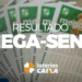 Resultado oficial do sorteio Mega-Sena, destaque para os bilhetes e o logo da Caixa