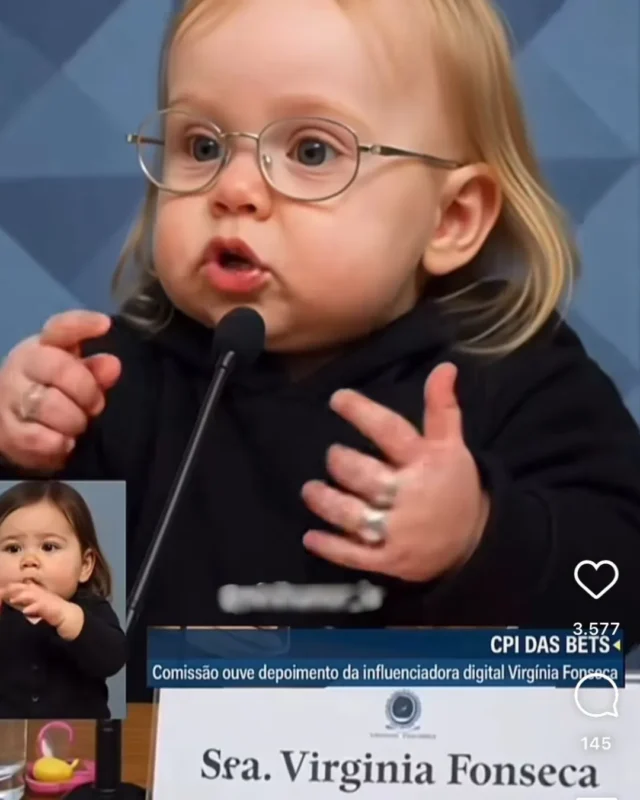 Audiência com criança influenciadora digital Virginia Fonseca. Criança com óculos falando em microfone durante audiência, montagem engraçada.