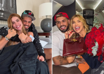 Virgínia e Zé Felipe abraçados sorrindo em um ambiente interno, demonstrando proximidade.