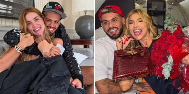 Virgínia e Zé Felipe abraçados sorrindo em um ambiente interno, demonstrando proximidade.