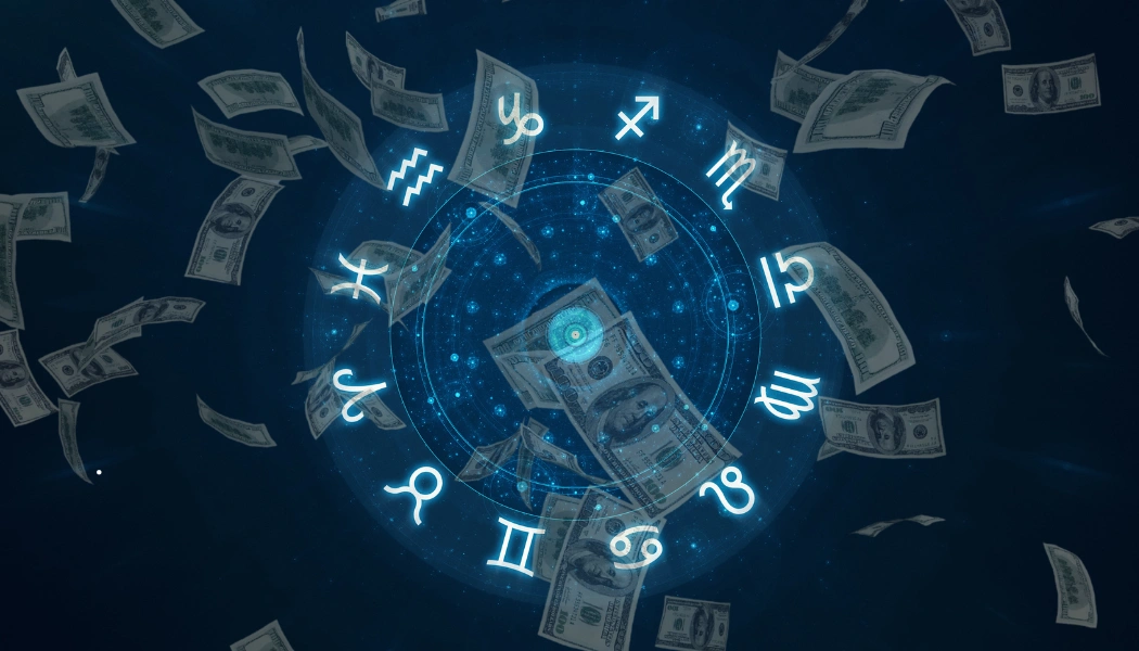 Símbolos do zodíaco em círculo luminoso com cédulas de dinheiro voando em fundo escuro