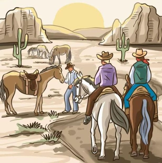 Identifique algo de errado na imagem dos caubóis conversando em meio ao deserto. Imagem: Pinterest Teste de QI com uma cena de caubóis montados a cavalo em um deserto ao pôr do sol, com cactos e montanhas ao fundo.
