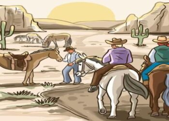 Teste de QI com uma cena de caubóis montados a cavalo em um deserto ao pôr do sol, com cactos e montanhas ao fundo.