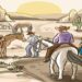 Teste de QI com uma cena de caubóis montados a cavalo em um deserto ao pôr do sol, com cactos e montanhas ao fundo.