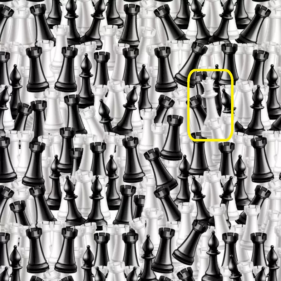 Encontre a Rainha no Meio das Peças de Xadrez Solução do teste de QI com peças de xadrez misturadas; encontre a rainha entre torres e bispos