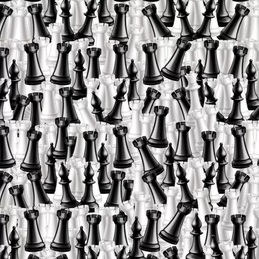 Você consegue encontrar a rainha entre tantas peças de xadrez? Teste sua percepção! Desafio visual com peças de xadrez misturadas; encontre a rainha entre torres e bispos