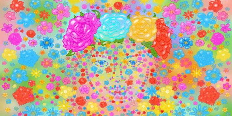 Teste de QI com uma ilustração colorida com muitas flores formando um rosto feminino estilizado.