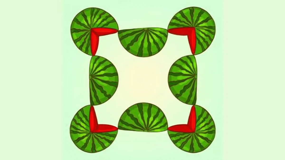 Desafio de QI: Quantas Melancias Você Vê? Ilustração de várias fatias de melancia organizadas formando uma figura, com um teste de QI visual para identificar a quantidade de melancias.