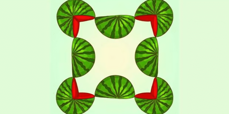Ilustração de várias fatias de melancia organizadas formando uma figura, com um teste de QI visual para identificar a quantidade de melancias.