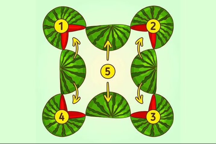 Desafio de QI: Quantas Melancias Você Vê? Ilustração de várias fatias de melancia organizadas formando uma figura, com um teste de QI visual para identificar a quantidade de melancias. Solução!