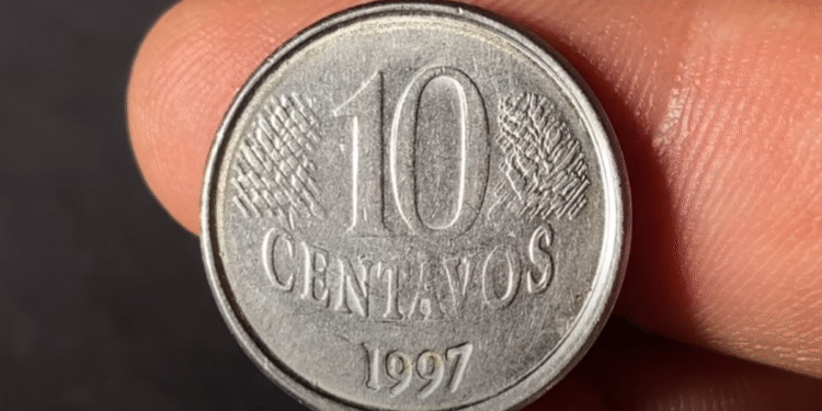 Moeda de 10 centavos de 1997 com possível defeito de cunhagem raro