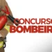 Bombeiro segurando extintor de incêndio com texto de fundo sobre concurso de bombeiro