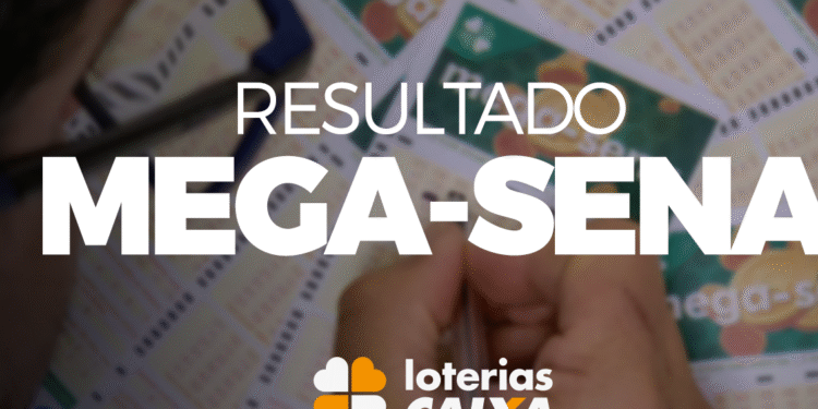 Pessoa preenchendo volante da Mega-Sena com destaque para o texto 'Resultado Mega-Sena' das Loterias Caixa