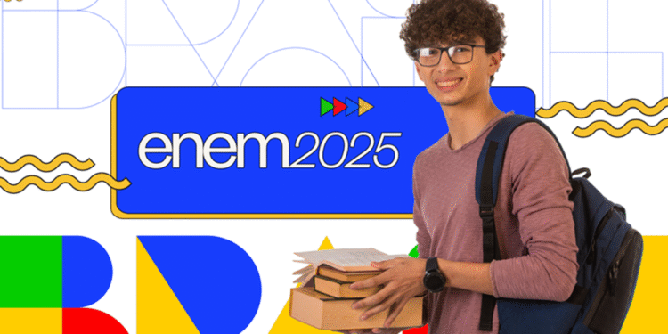 Imagem de um jovem segurando livros, com mochila, e o logo do ENEM 2025 ao fundo, representando o processo de inscrição para o exame.
