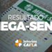 Imagem de um bilhete da Mega-Sena com o título 'Resultado Mega-Sena' e o logo das Loterias Caixa.