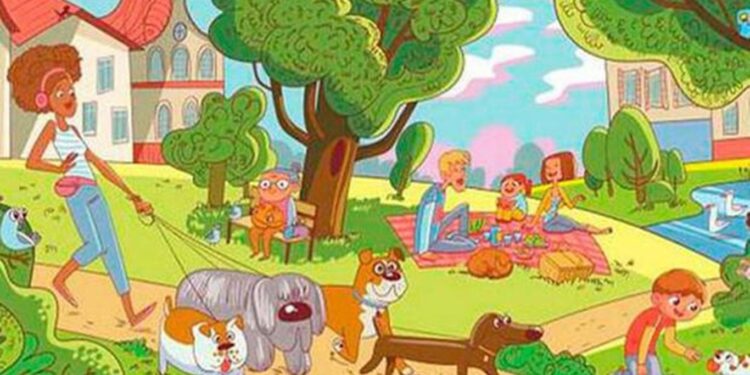 Teste visual com um desenho colorido em um parque com pessoas, animais e um elefante camuflado entre as árvores