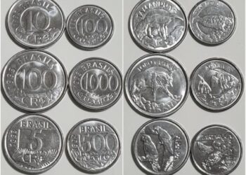 Coleção de moedas brasileiras das décadas de 1990, incluindo peças raras de 1993 e 1994