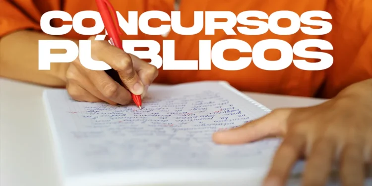 Pessoa escrevendo com uma caneta vermelha em um caderno de anotações, com o texto 'Concursos Públicos' destacado.