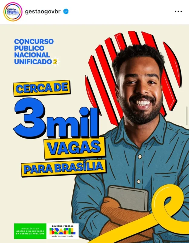 Concurso Público Nacional Unificado 2025 - 3.000 Vagas para Brasília Imagem de divulgação do Concurso Público Nacional Unificado 2025 com 3.000 vagas para Brasília, destacando um homem sorrindo com tablet na mão e texto informativo.