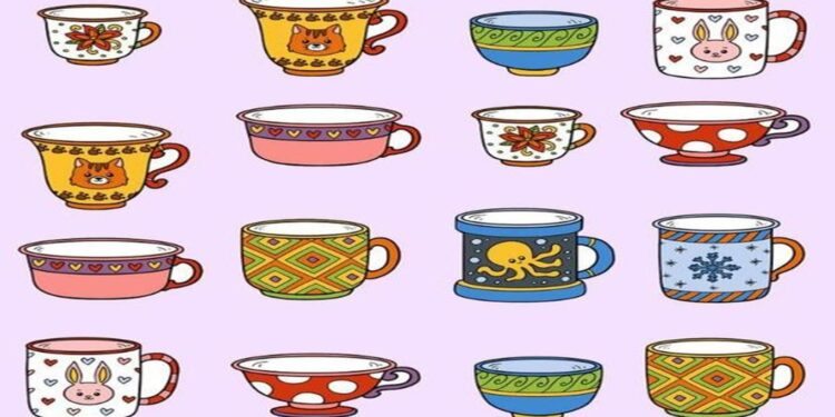 Desafio visual com várias canecas coloridas de diferentes formatos e estampas sobre fundo lilás, usada em desafio visual para encontrar as peças sem par.