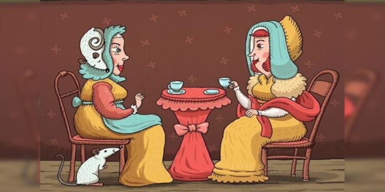 Desafio visual com duas mulheres em trajes antigos tomando chá, com um rato escondido na imagem.