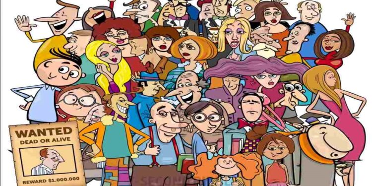 Desafio visual com um desenho colorido com vários personagens caricatos e um cartaz de procurado com a foto de um prisioneiro