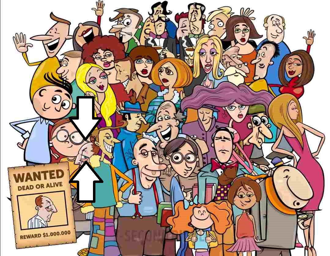 Solução do desafio visual com um desenho colorido com vários personagens caricatos e um cartaz de procurado com a foto de um prisioneiro