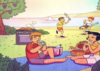 Desafio visual com uma ilustração colorida de um piquenique com diversos erros visuais para serem encontrados, incluindo situações fora do comum.