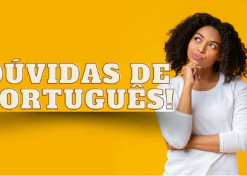 Mulher pensativa com o título 'Dúvidas de Português' ao fundo