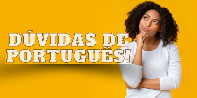 Mulher pensativa com o título 'Dúvidas de Português' ao fundo