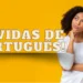 Mulher pensativa com o título 'Dúvidas de Português' ao fundo