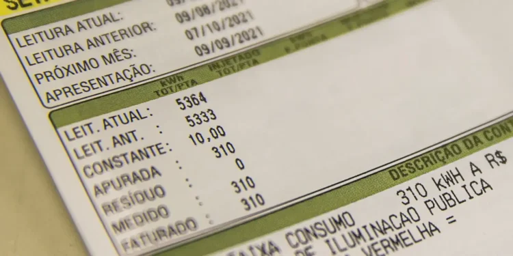 Detalhe de uma conta de energia elétrica com dados de leitura e consumo mensal.