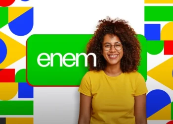 Imagem com a logo do Enem 2025, com uma jovem sorrindo em destaque no portal do Enem.