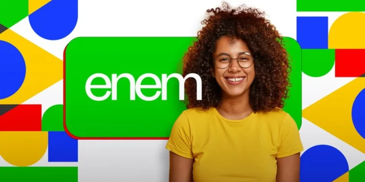 Imagem com a logo do Enem 2025, com uma jovem sorrindo em destaque no portal do Enem.
