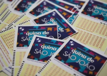 Cartelas da Quina de São João 2025 espalhadas sobre a mesa, com destaque para números da sorte e banners coloridos.