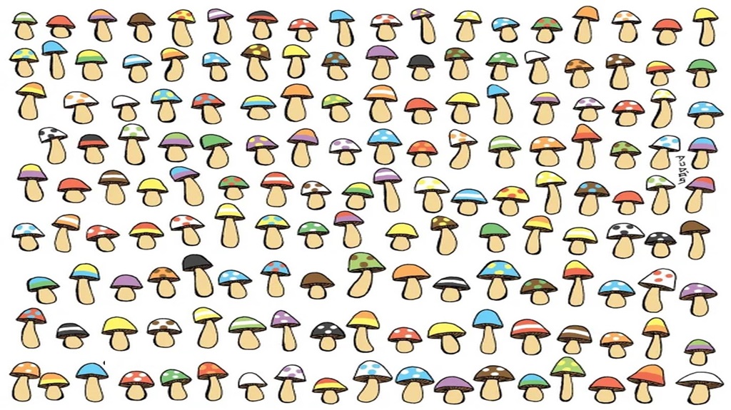Entre tantos cogumelos parecidos, apenas um não tem par. Você consegue encontrar?. Teste de QI com desenho com vários cogumelos coloridos lado a lado, usado em teste visual de atenção.
