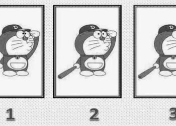 Imagem de teste de QI com uma ilustração do personagem Doraemon em três posições, com a intenção de encontrar a única diferença entre as imagens.