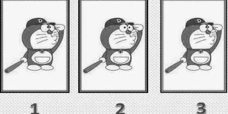 Imagem de teste de QI com uma ilustração do personagem Doraemon em três posições, com a intenção de encontrar a única diferença entre as imagens.