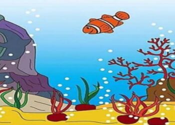 Teste de QI com uma ilustração subaquática com peixe-palhaço e corais em fundo azul