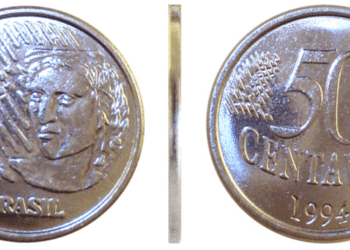 Moeda de 50 centavos de 1994 da primeira família do real, com desenho do busto da República