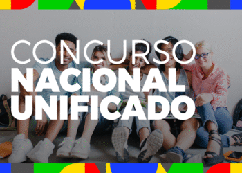 Grupo de estudantes com o logo do CNU, simbolizando os candidatos se preparando para os exames do Nível Médio.