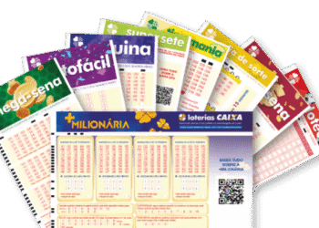 Imagem com várias opções de jogos de loterias Caixa e o logo da instituição.