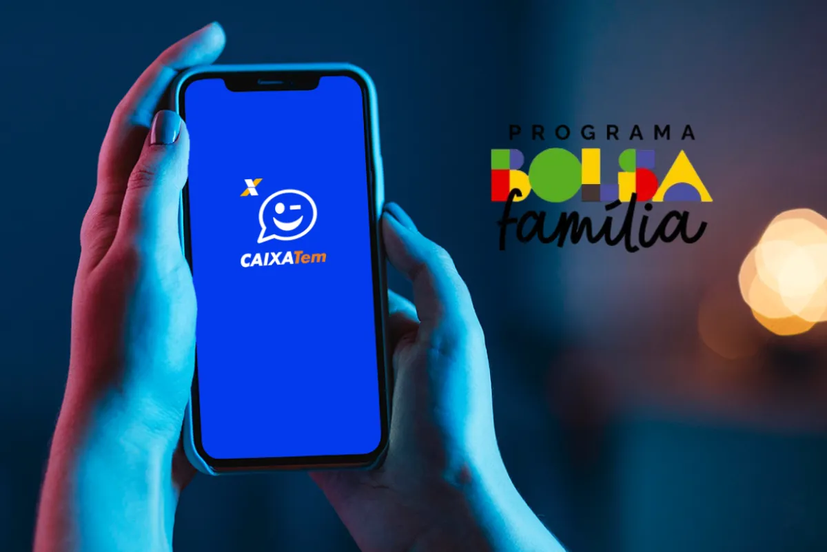 Caixa Tem - Programa Bolsa Família Imagem do aplicativo Caixa Tem com o logotipo do programa Bolsa Família exibido na tela do celular.