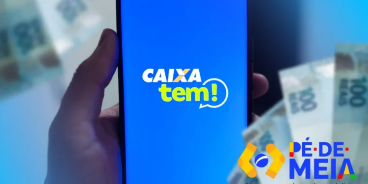 Tela do aplicativo Caixa Tem com o logo do Pé-de-Meia, representando nova rodada de pagamentos de R$ 200 ou R$ 225.